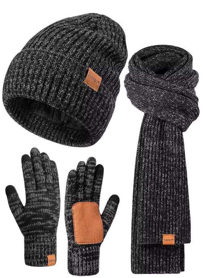FISFET Winter Hat Gloves Scarf Set for Men Women, Mens Beanie with Fleece Lined Long Thick Scarf Touchscreen Gloves for Cold Weather, 3 in 1 Warm Gift Set(A-01) - Image 1